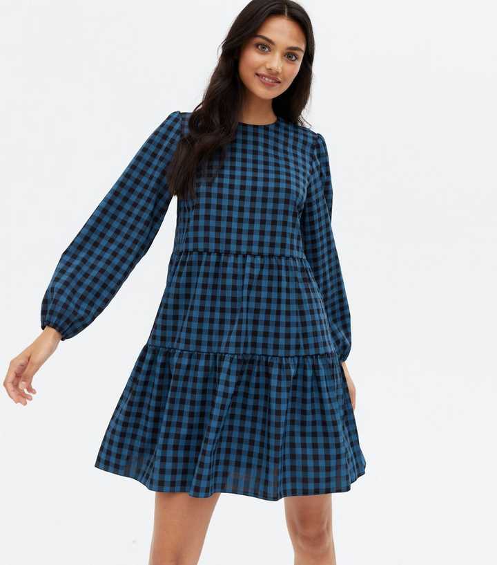 Blue Gingham Tiered Mini Oversized Smock Dress