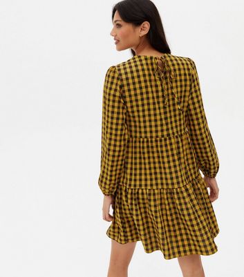 Mustard Gingham Tiered Mini Oversized Smock Dress New Look