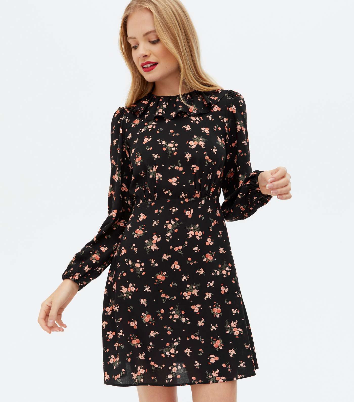 Black Ditsy Floral Frill Collar Mini Dress