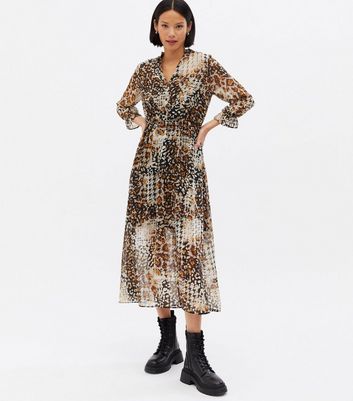 Click to view product details and reviews for Brown Animal Print Chiffon Frill Neck Midi Dress New Look.