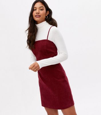 Burgundy Cord Square Neck Mini Pinafore Dress New Look