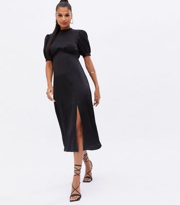 puff shoulder crepe midi dress