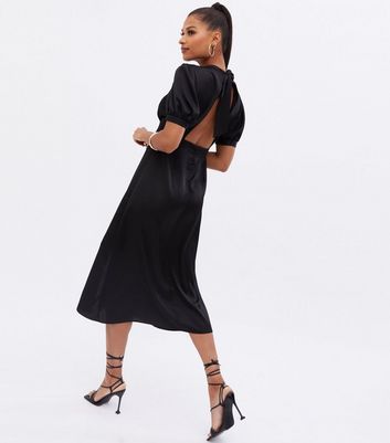 Black Crepe High Neck Puff Sleeve Open 