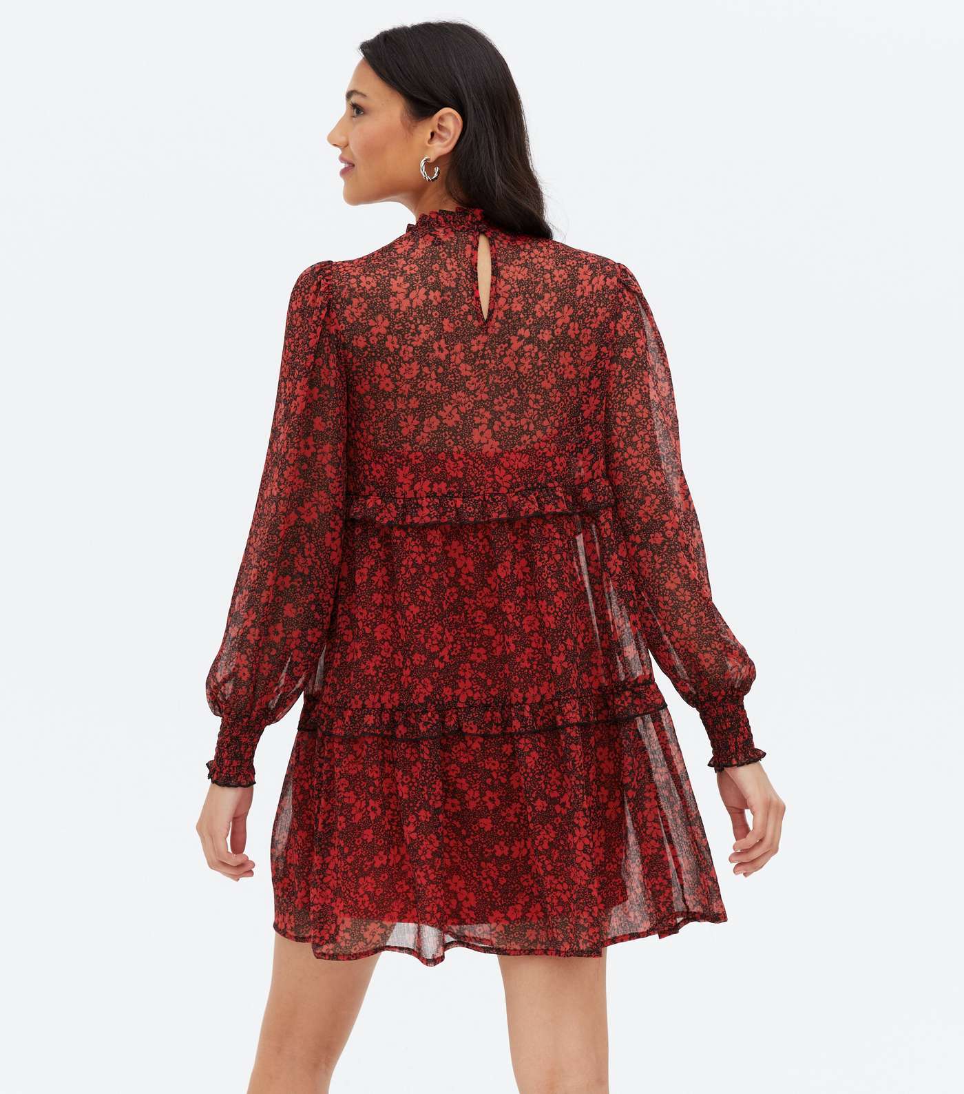 Red Floral Chiffon Tiered High Neck Mini Oversized Smock Dress Image 4