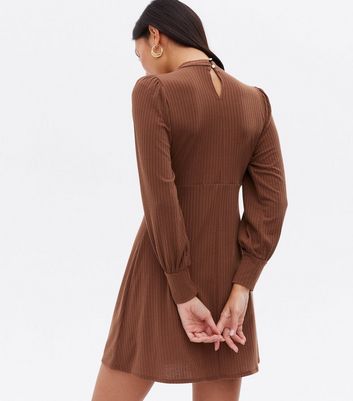 Light Brown Ribbed Keyhole High Neck Mini Dress New Look