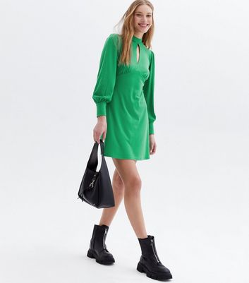 Light Green Ribbed Keyhole High Neck Mini Dress New Look