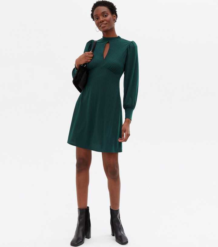 Dark Green Ribbed Keyhole High Neck Mini Dress | New Look