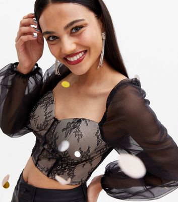 Black Lace Mesh Bustier Puff Sleeve Crop Top New Look