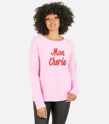 Yumi Pink Fluffy Knit Mon Cherie Logo Jumper New Look