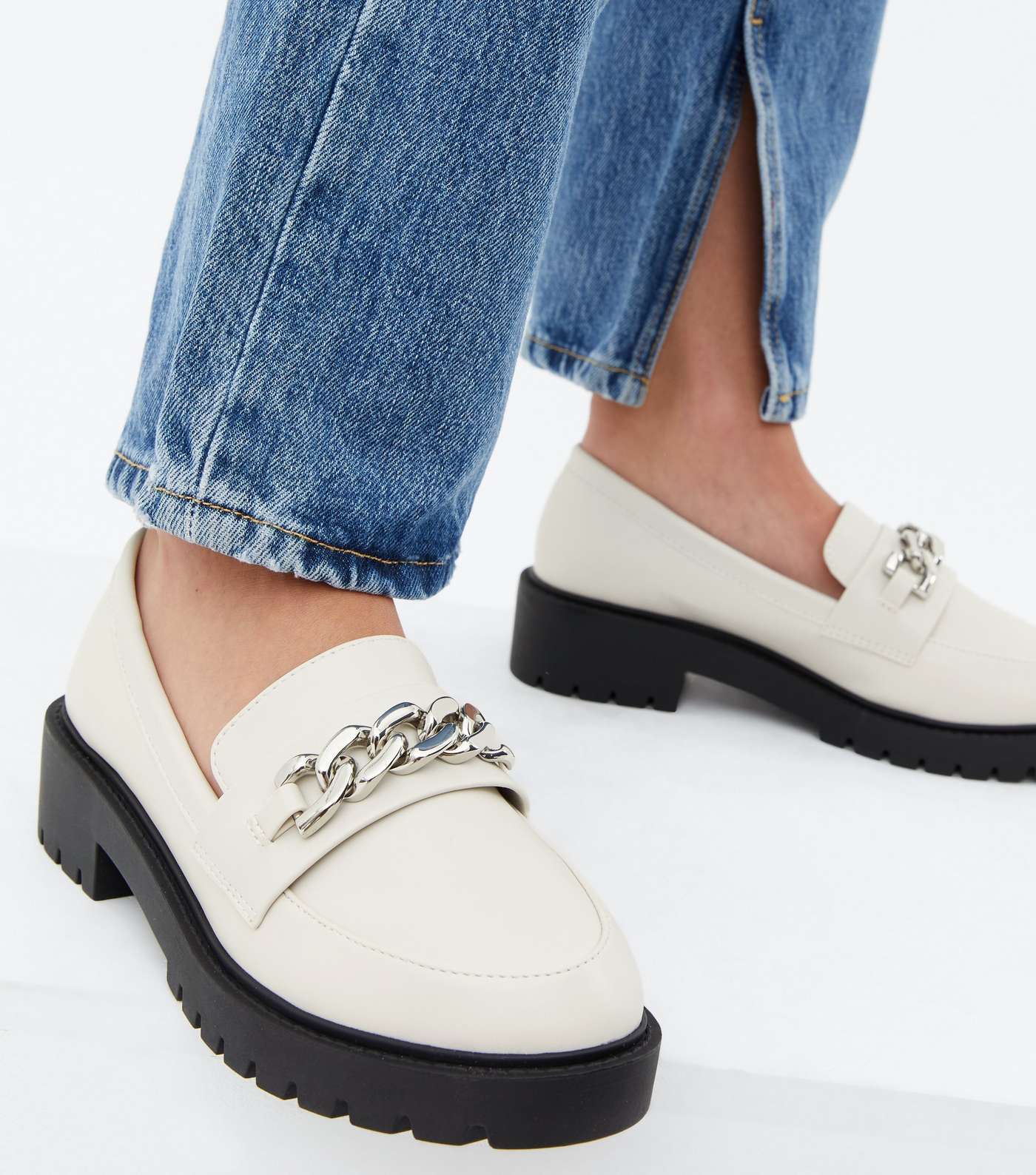 Wide Fit Off White Chain Chunky Cleated Loafers Image 2