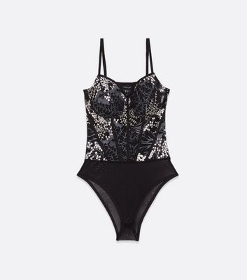 Black Floral Embroidered Mesh Bustier Bodysuit | New Look