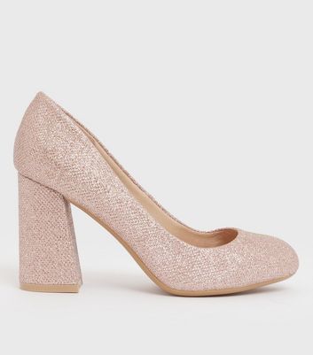 shop for Wide Fit Rose Gold Glitter Block Heel Court Shoes New Look Vegan at Shopo