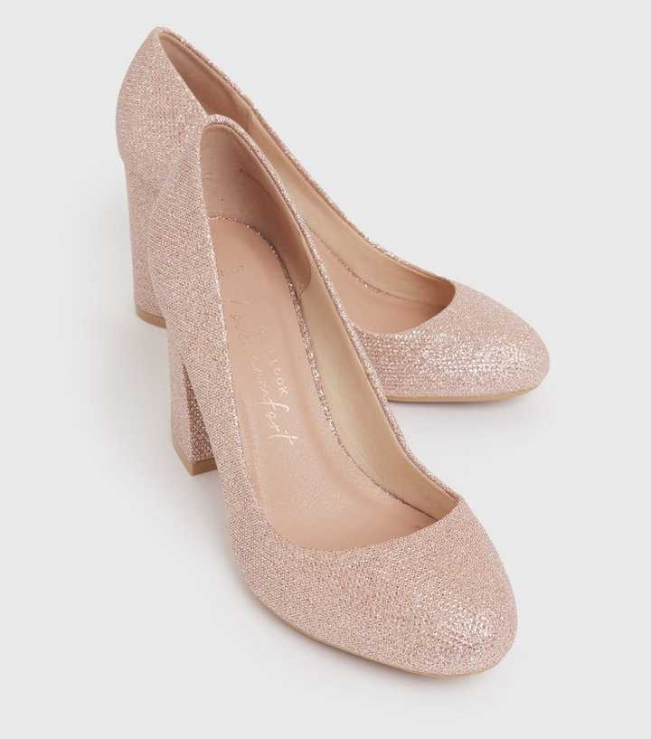 Wide Fit Rose Gold Glitter Block Heel Court Shoes | New Look