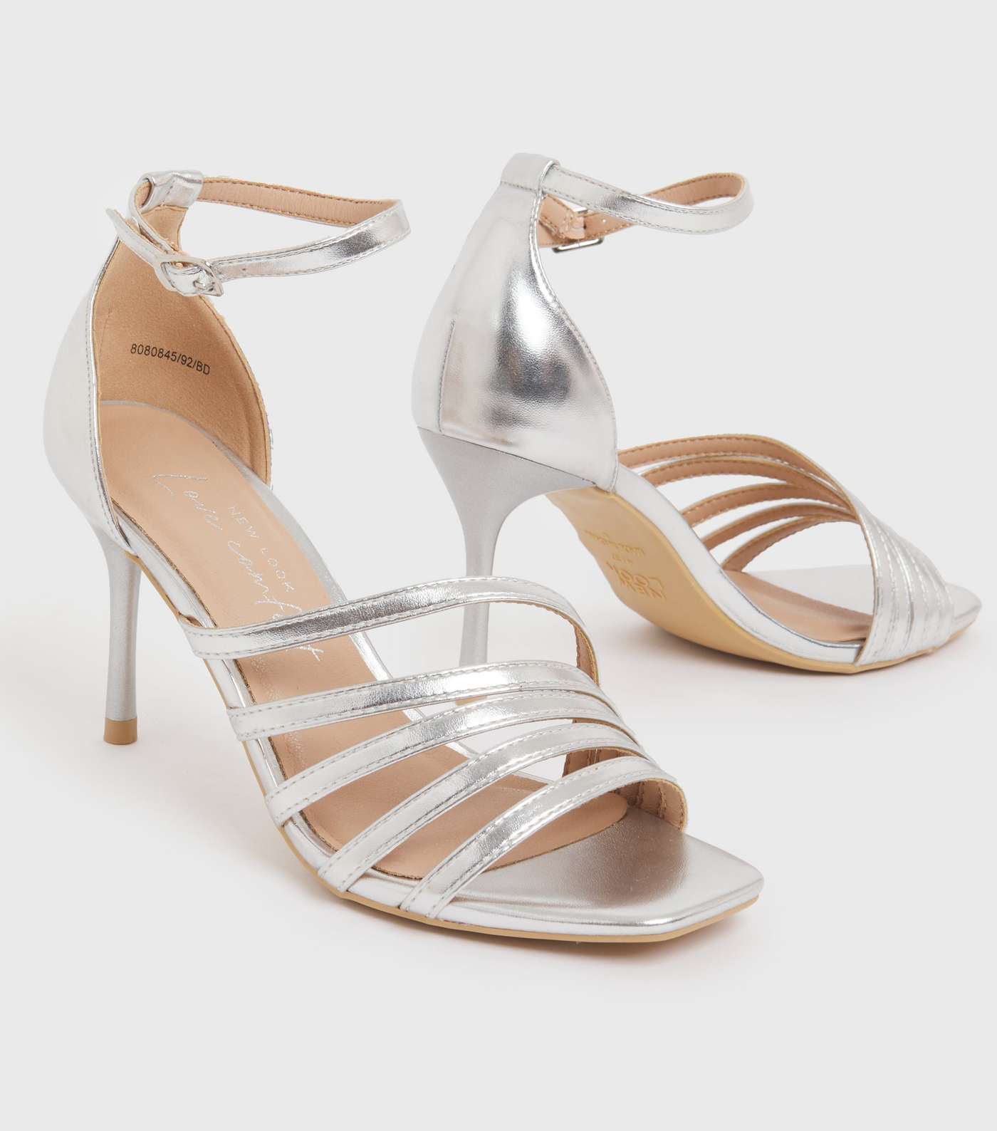 Silver Metallic Strappy Stiletto Heel Sandals Image 3