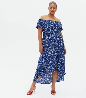 Click to view product details and reviews for Mela Curves Blue Frill Bardot Dip Hem Maxi Dress New Look.