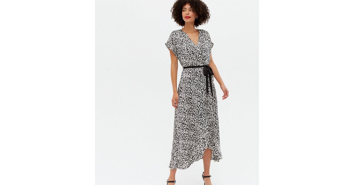 Tall White Animal Print Satin Midi Wrap Dress | New Look