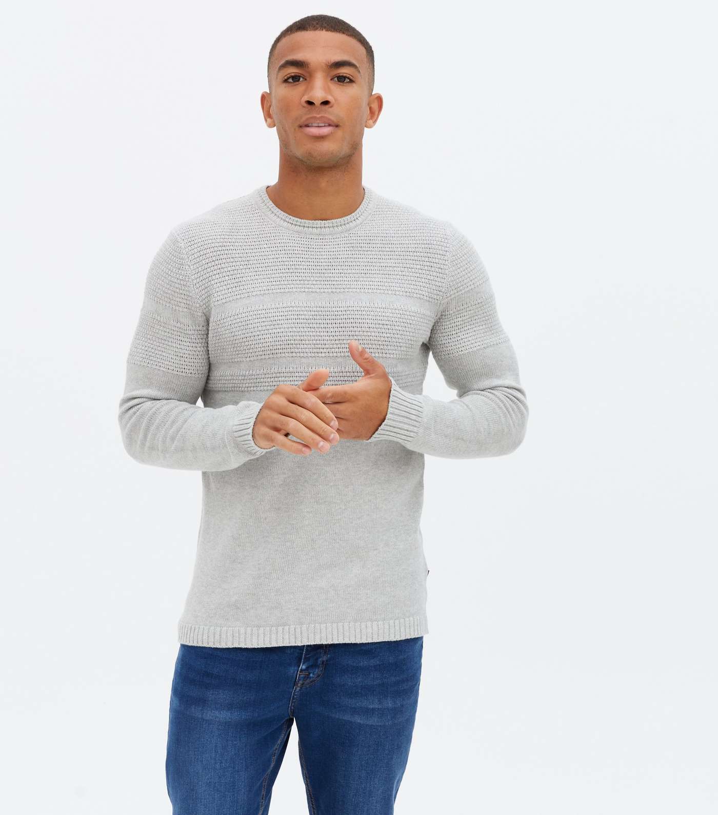 Only & Sons Pale Grey Stripe Crew Neck Jumper