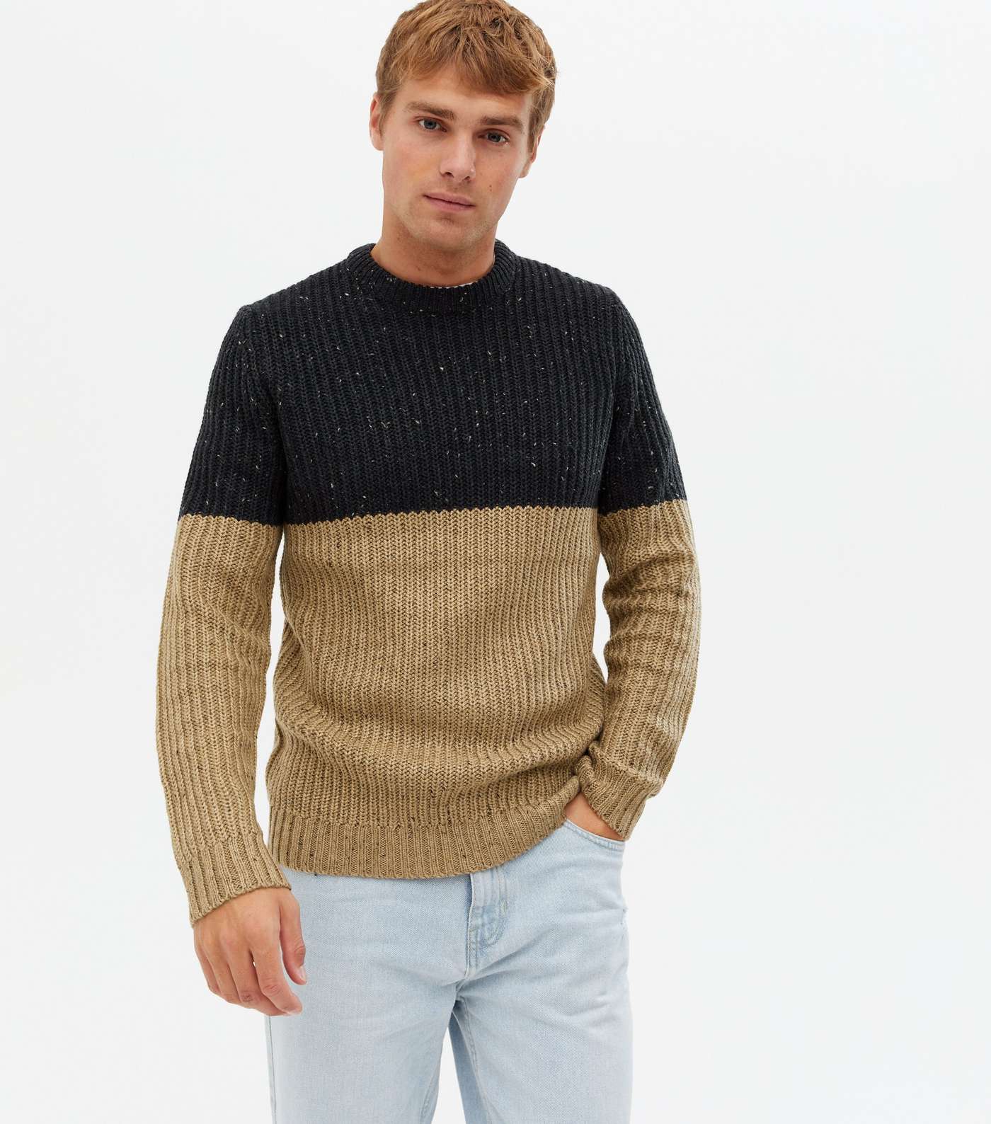 Only & Sons Stone Ribbed Colour Block Crew Jumper