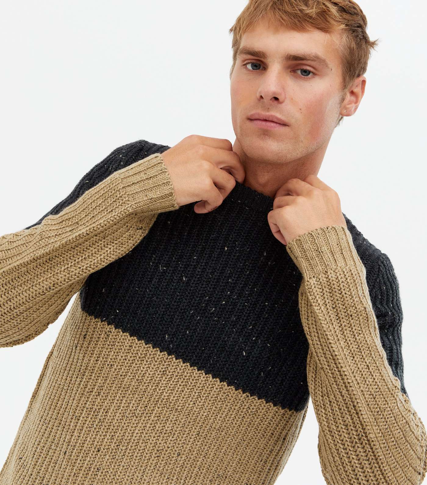 Only & Sons Stone Ribbed Colour Block Crew Jumper Image 3
