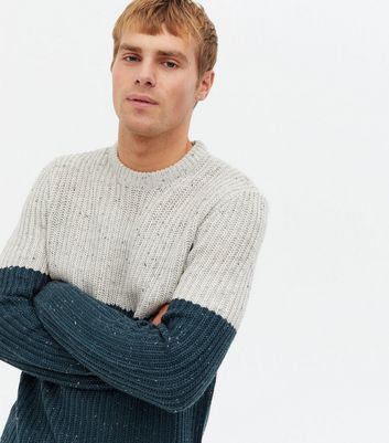 Blue Ribbed Colour Block Crew Jumper 