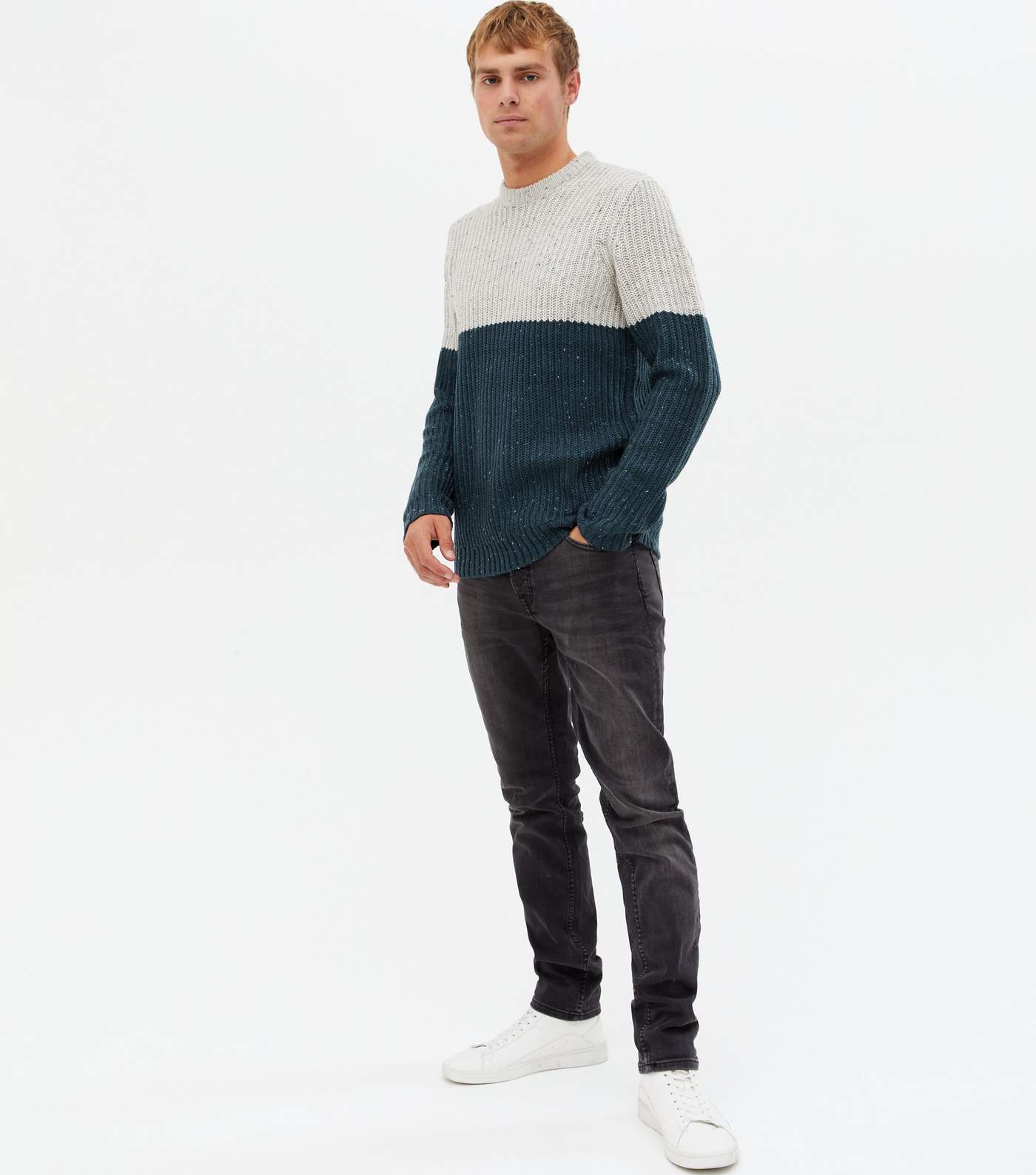 Only & Sons Blue Ribbed Colour Block Crew Jumper Image 3