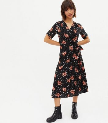 Mela Black Floral Spot Midi Wrap Dress New Look