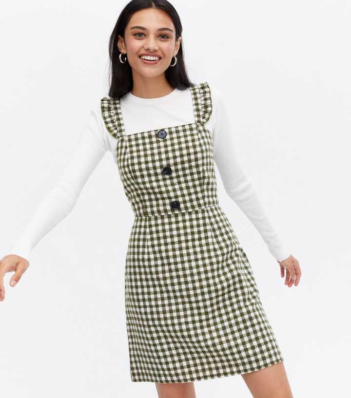 Green Check Boucl Frill Pinafore Dress Green Check Boucl Frill Pinafore Dress
