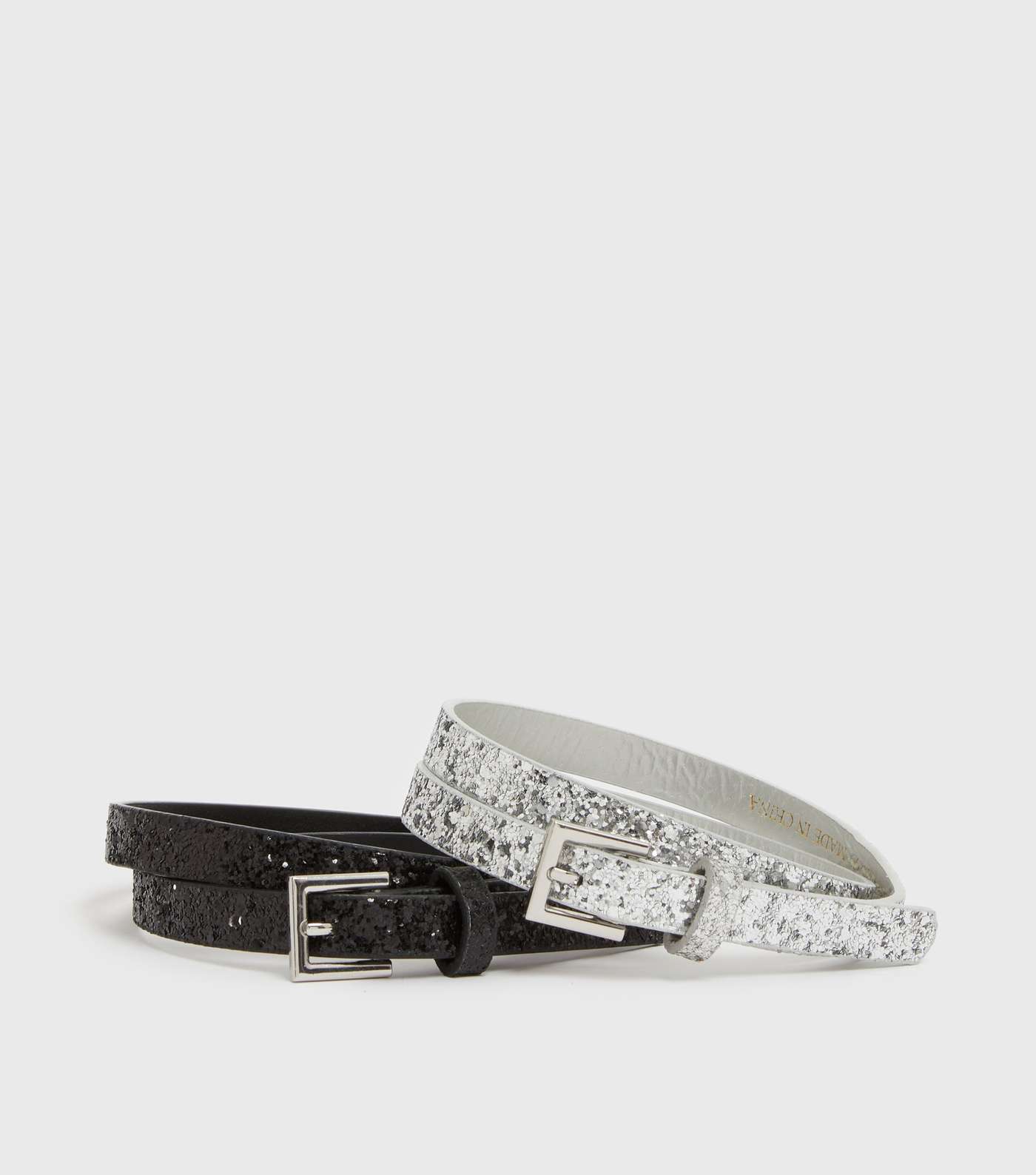 Girls 2 Pack Black and Silver Glitter Belts