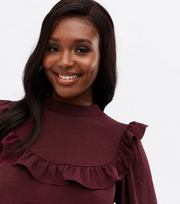 Burgundy Frill High Neck Long Sleeve 