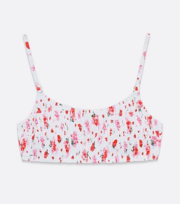 スマートフォン/携帯電話 バッテリー/充電器 White Floral Ruched Scoop Neck Crop Bikini Top