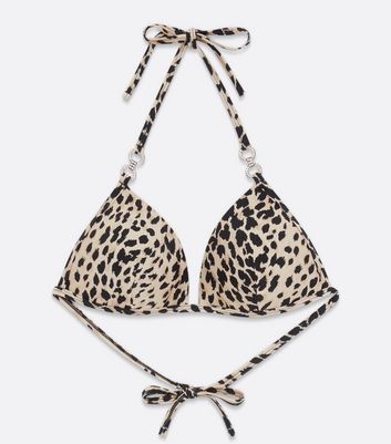 Light Brown Leopard Print Diamante Trim Triangle Bikini Top New Look