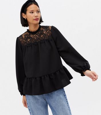 Black Lace Frill High Neck Peplum Blouse New Look