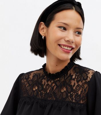 Black Lace Frill High Neck Peplum Blouse New Look