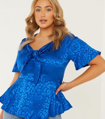 Quiz Curves Bright Blue Jacquard Leopard Satin Peplum Blouse New Look