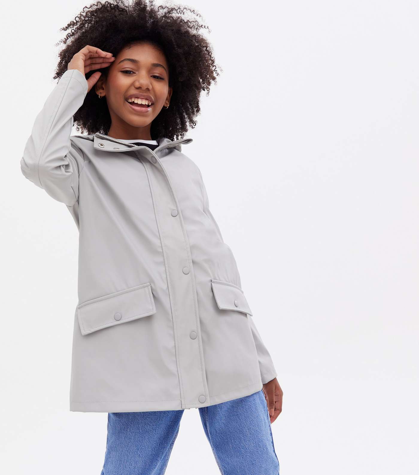 Girls Pale Grey Pocket Front Hooded Anorak