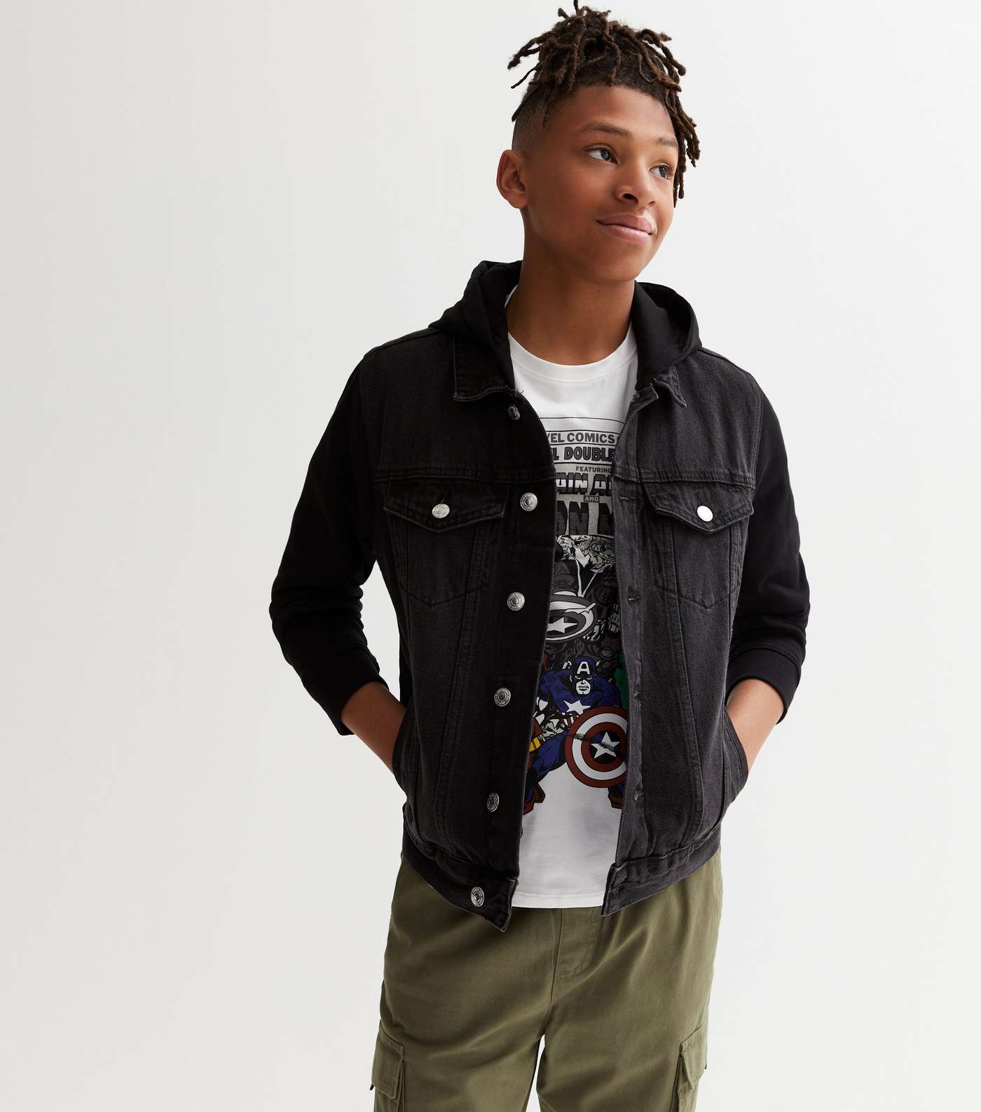 Boys Black Denim Jersey Sleeve Hooded Jacket Image 2