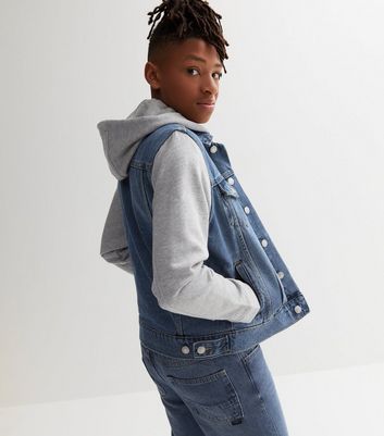 Boys Blue Denim Jersey Sleeve Hooded Jacket New Look