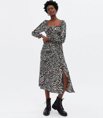 Damen Bekleidung Black Animal Print Ruched Square Neck Midi Dress