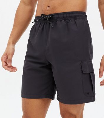 Black Long Length Cargo Swim Shorts 