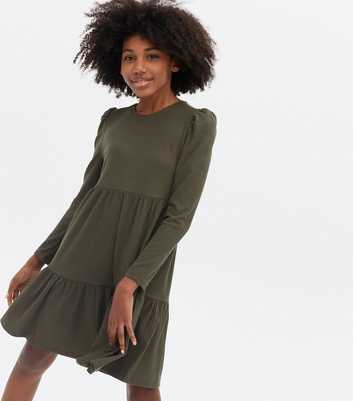 KIDS ONLY Khaki Ribbed Tiered Long Puff Sleeve Dress