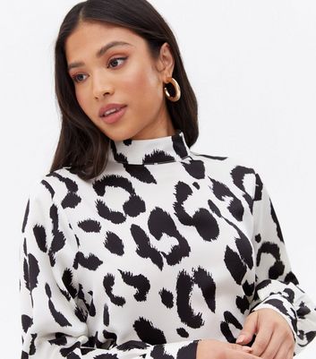 Petite White Leopard Print Satin High Neck Blouse | New Look