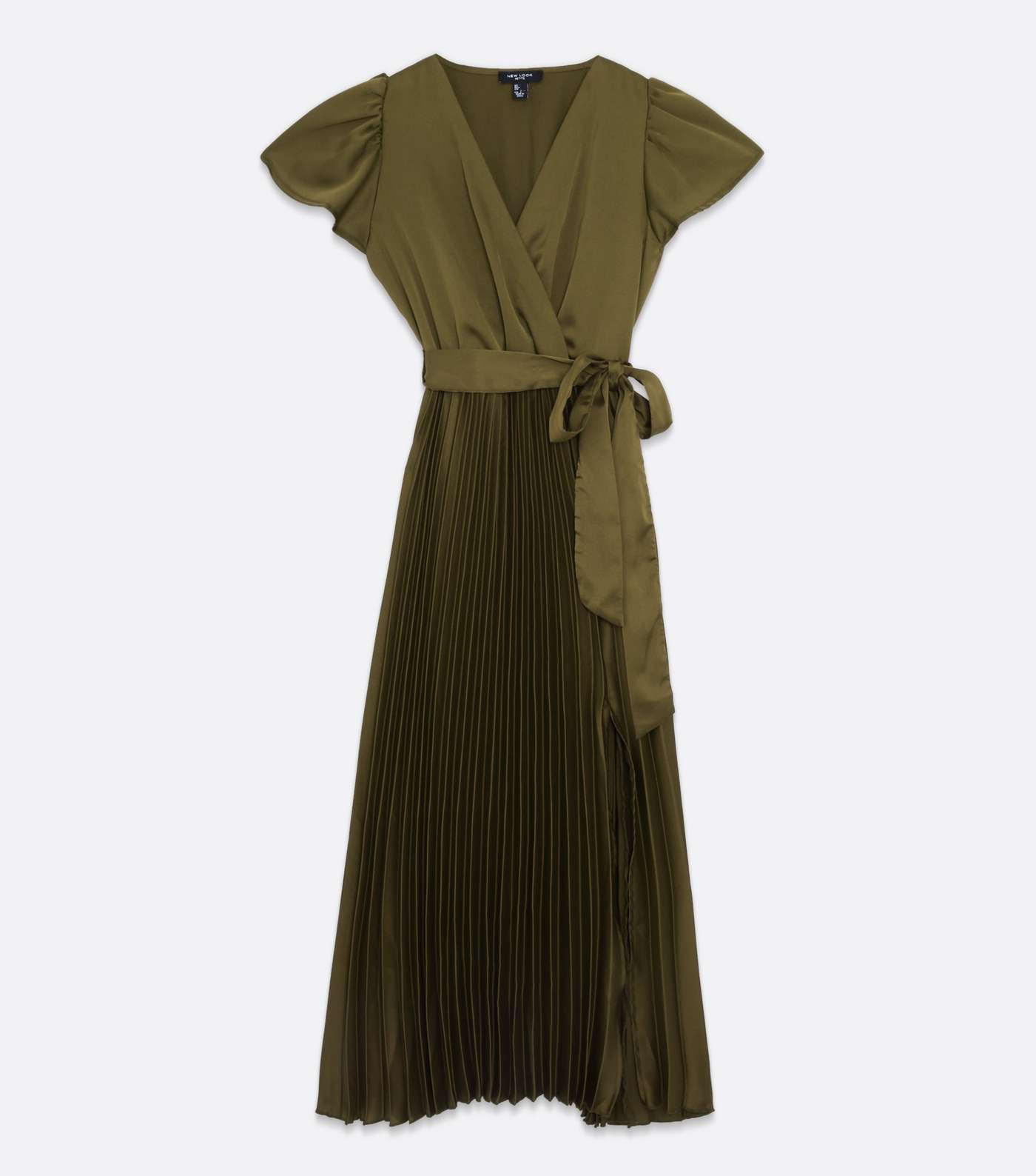 Petite Khaki Satin Pleated Midi Wrap Dress Image 5