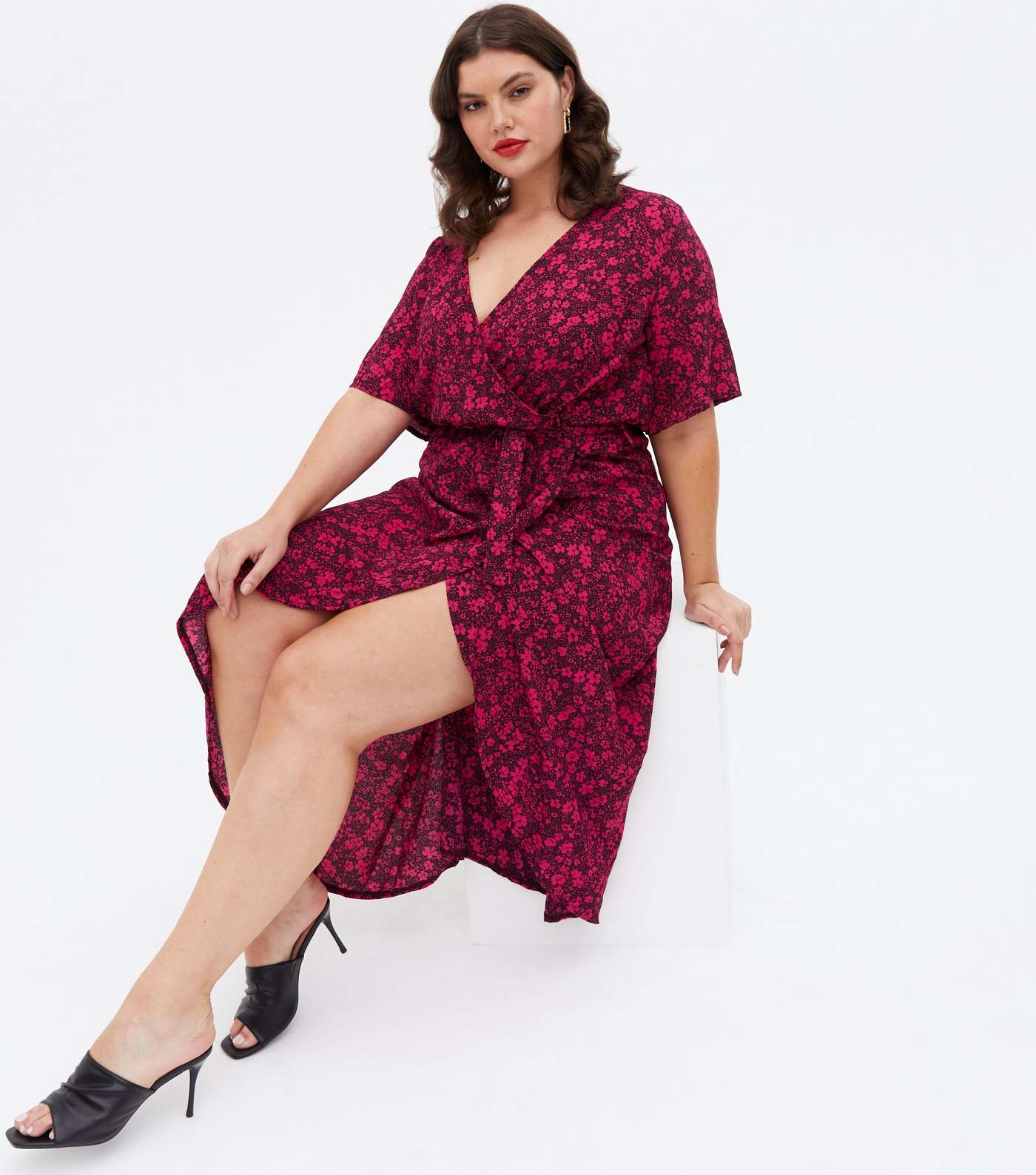 Curves Red Floral Belted Midi Wrap Dress Image 2