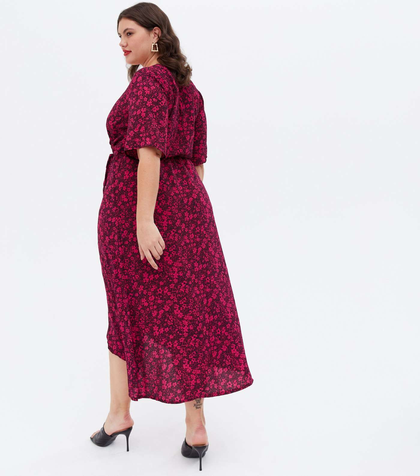 Curves Red Floral Belted Midi Wrap Dress Image 4