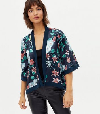 Mela Navy Floral Satin Kimono | New Look