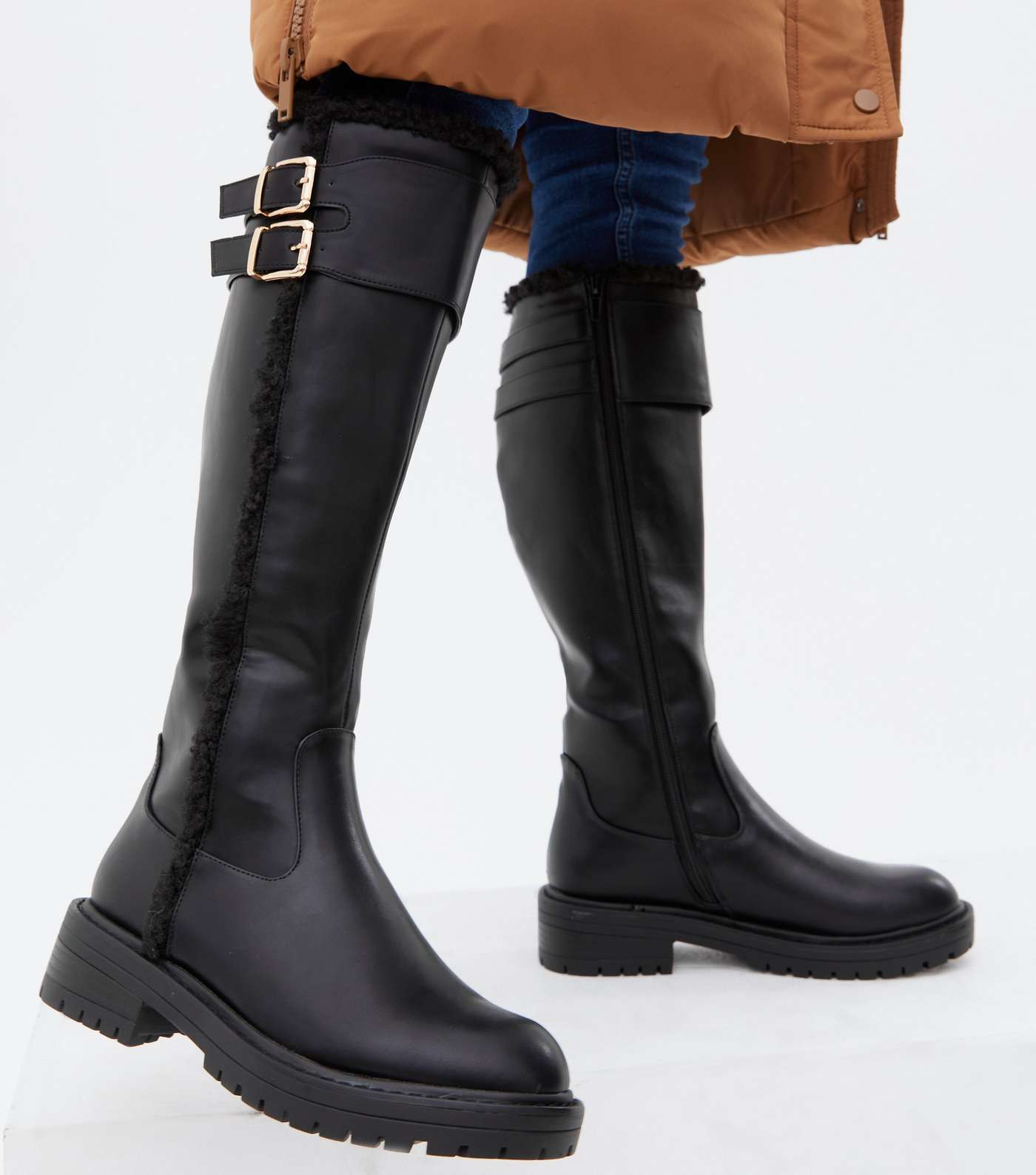 Black Faux Shearling Chunky Knee High Boots Image 2