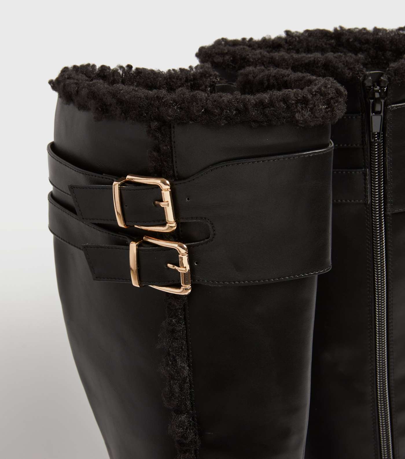 Black Faux Shearling Chunky Knee High Boots Image 4