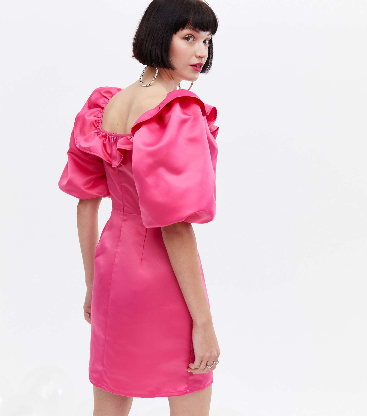 Bright Pink Satin Frill Puff Sleeve Mini Dress Image 4
