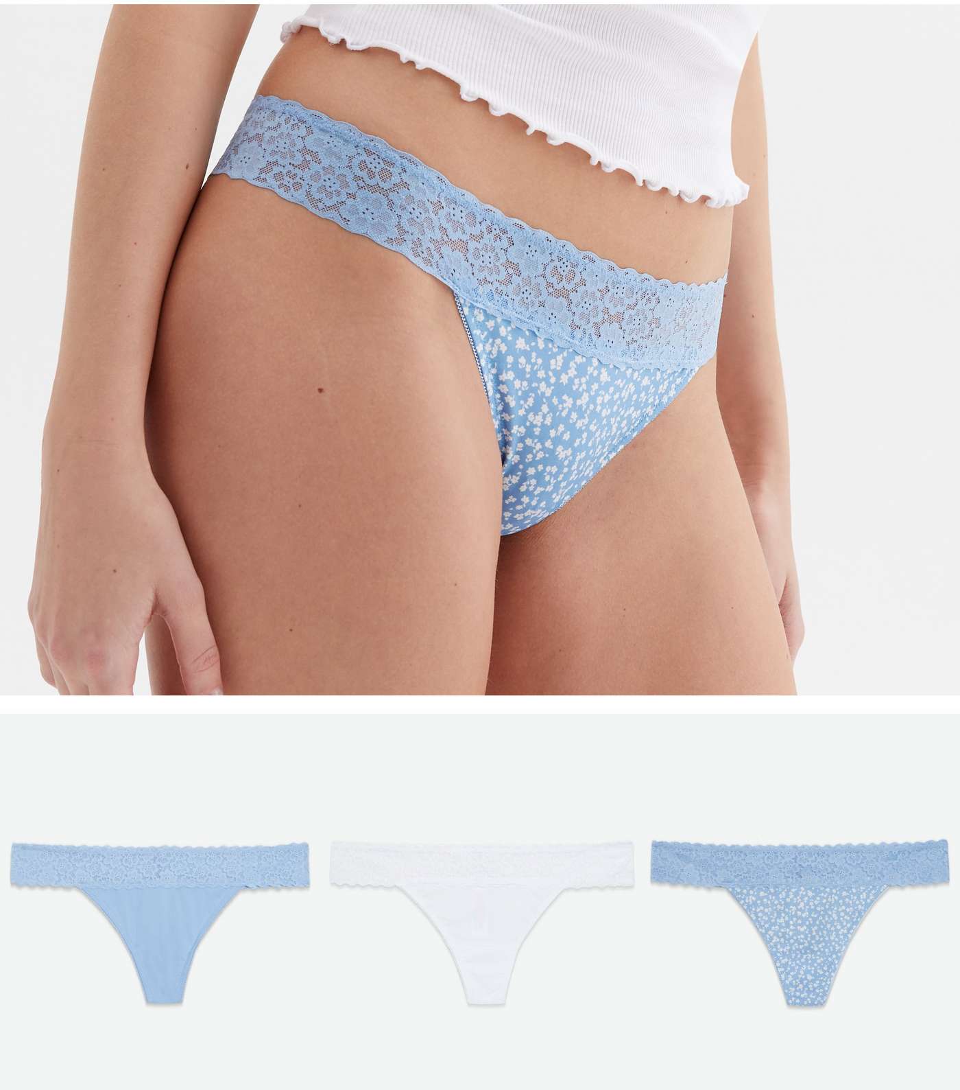 3 Pack Pale Blue and White Ditsy Floral Lace Waist Thongs