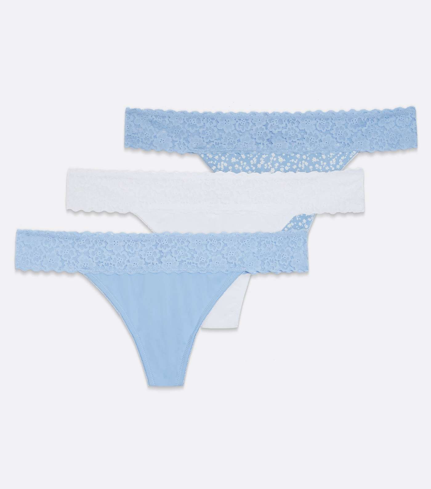 3 Pack Pale Blue and White Ditsy Floral Lace Waist Thongs Image 5